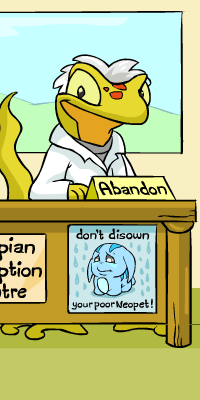 Dr. Death from Neopets standing at a table. On a table, a poster reads: Don't disown your poor Neopet!